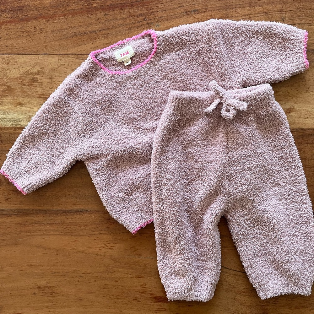 7AM Boxy fuzzy lounge sweater and pants in ash rose 3-6 months